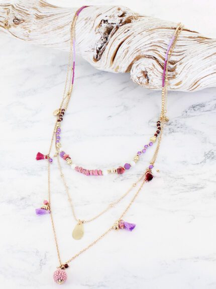 AY1312 TRIPLE STRAND BEAD & CHAIN NECKLACE