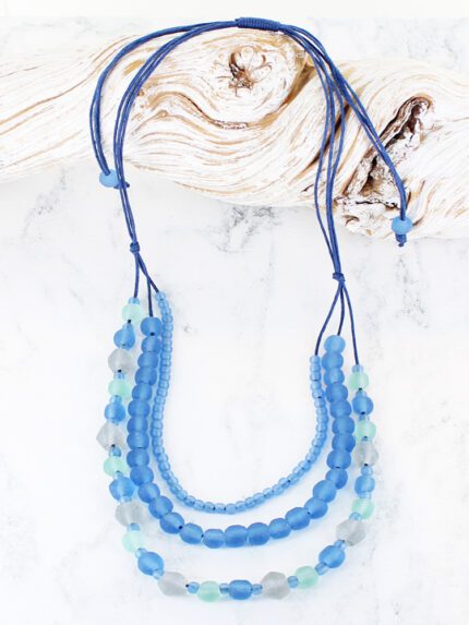 BB1410BLU TRIPLE STRAND RECYCLED GLASS NECKLACE