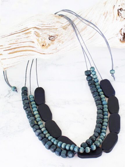 BB6303BLU 3-STRAND WOODEN BEAD NECKLACE