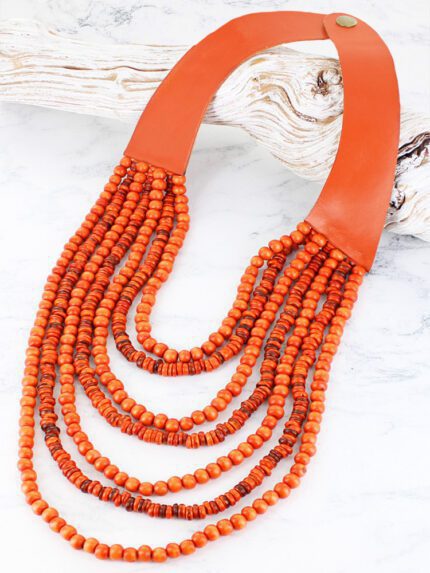 BB6910OR MULTI-STRAND WOOD & LEATHER NECKLACE