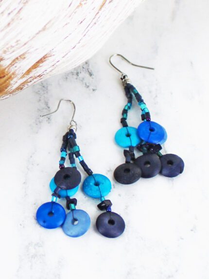 DC1408BLU WOODEN BUTTON DROP EARRINGS