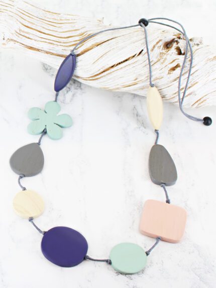 FB1402PK MIXED SHAPE WOODEN FLOWER NECKLACE