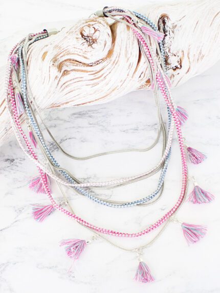 KH1807PK MULTI-STRAND TASSEL NECKLACE (PINK-GREY)
