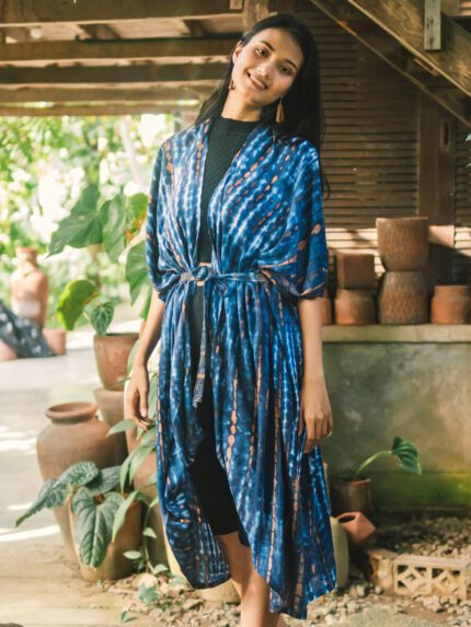 LS6403BLU LONG TIE DYE KIMONO WITH BELT
