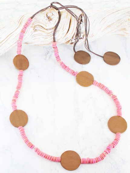 NB1406PK LONG BEADED WOODED DISC NECKLACE