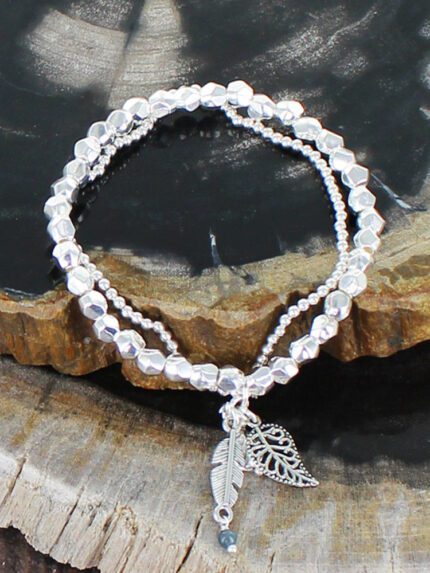 SP005L ELASTICATED 2-STRAND BRACELET WITH LEAF CHARMS [SILVER-PLATE]